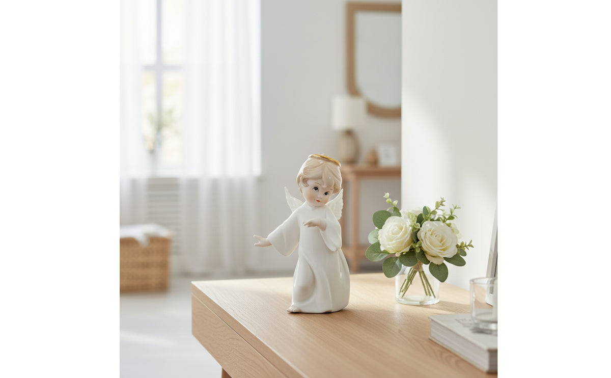 Ceramic Angel European-Style Angel Figurine with Feathered Appendages Glossy Statue for Collectors, Living Room, Entryway, Beverage Cabinet Cabinet