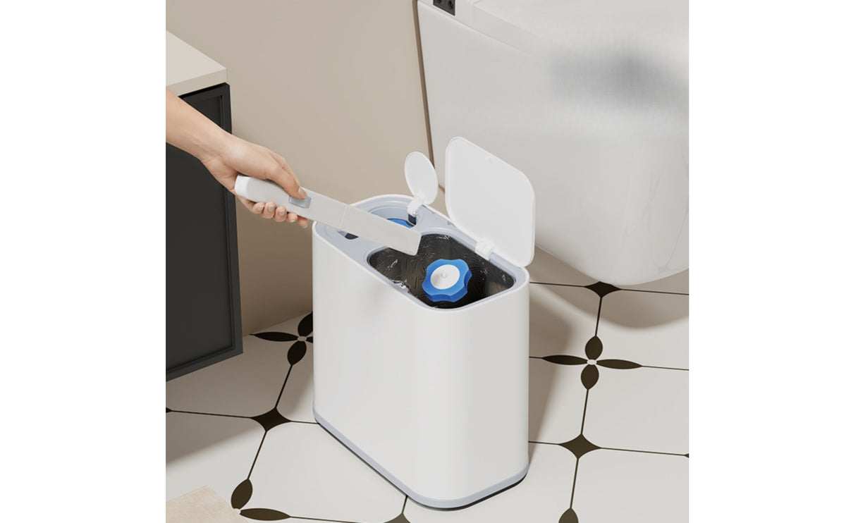 Automatic Bathroom Trash Can with Toilet Brush Rectangular Slim Trash Can with Wheels Space-Saving Wastebasket Wheeled