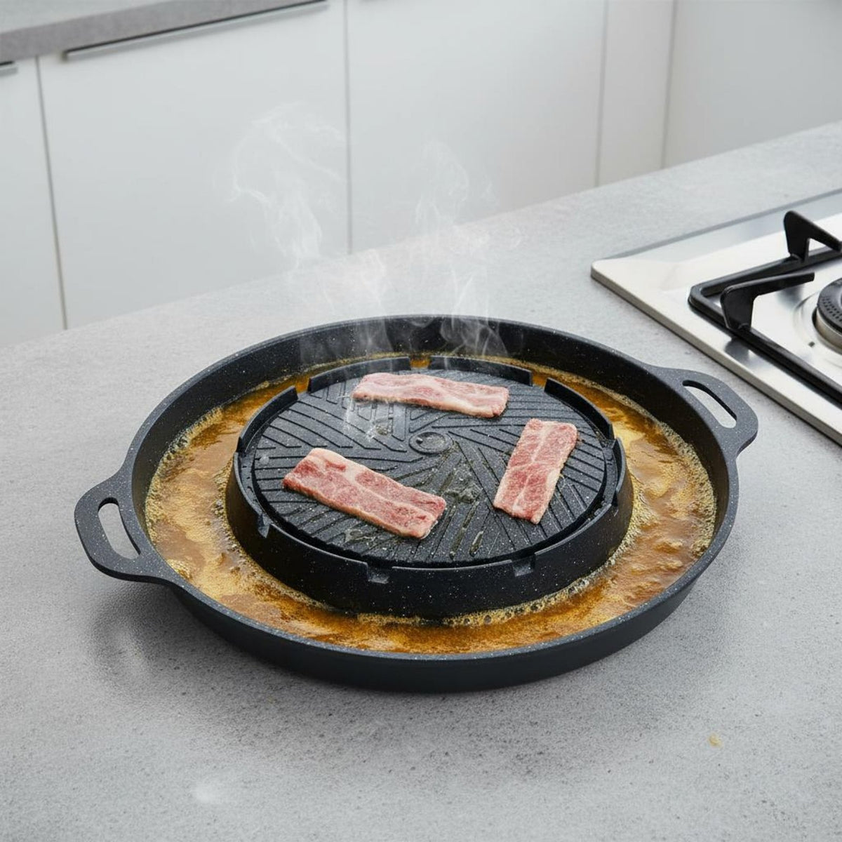 Rock Mineral Cooking Surface Plate Even Heat Distribution Circular Griddle Pan with ditch Oil Drainage Design Indoor Barbecue Plate for Party
