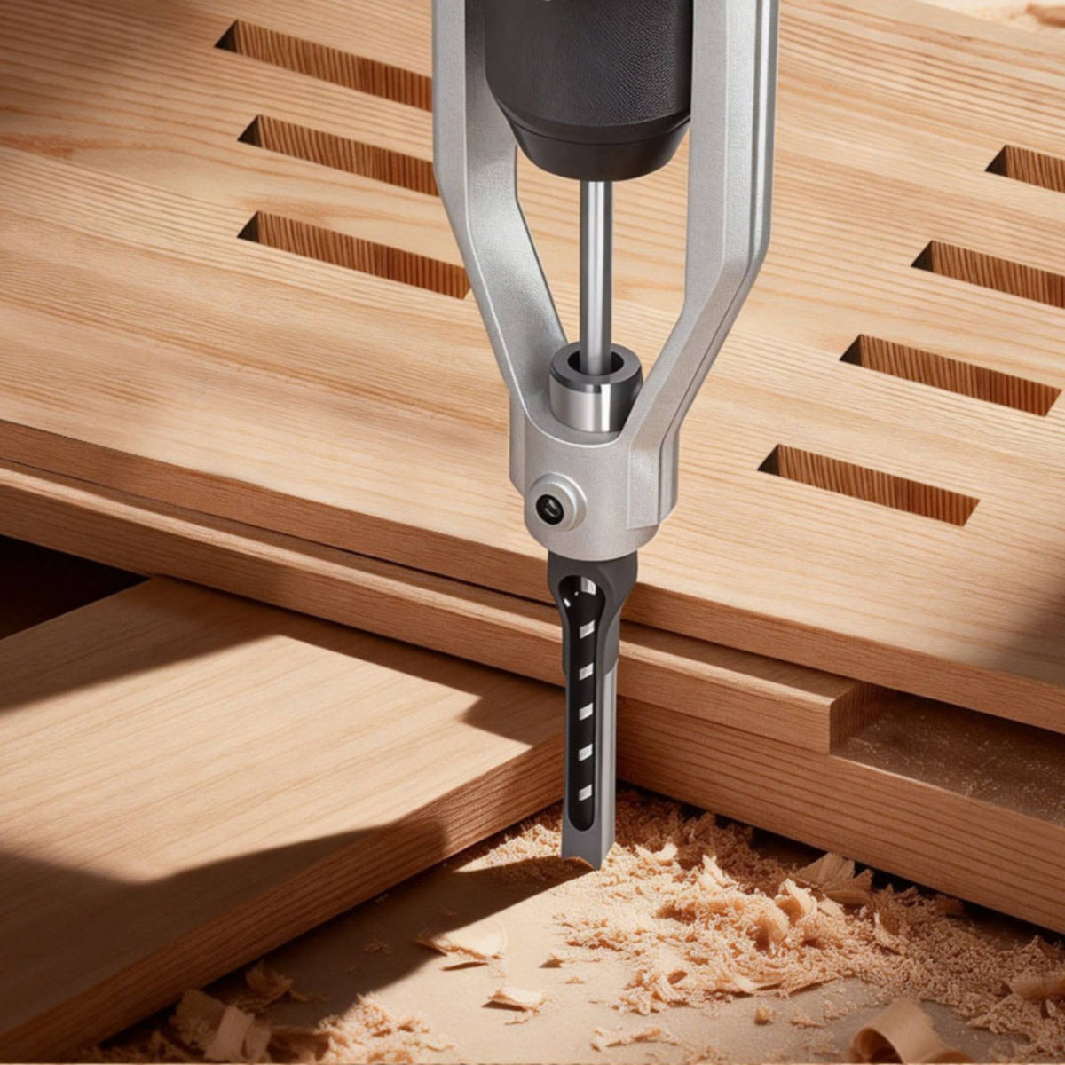 Square-Hole Drill Support Bracket Clamping Square Hole Drill Fixing Bracket Mortising Attachment with Insert Pieces for Woodworkers, Workbench