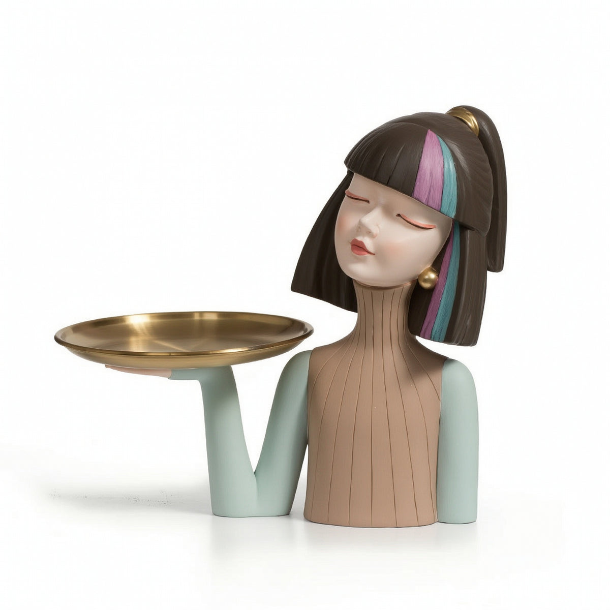 Girl Bust with Tray Golden Statue with Tray Low-Profile Jewelry Holder for Vanity, Entryway, Living Room