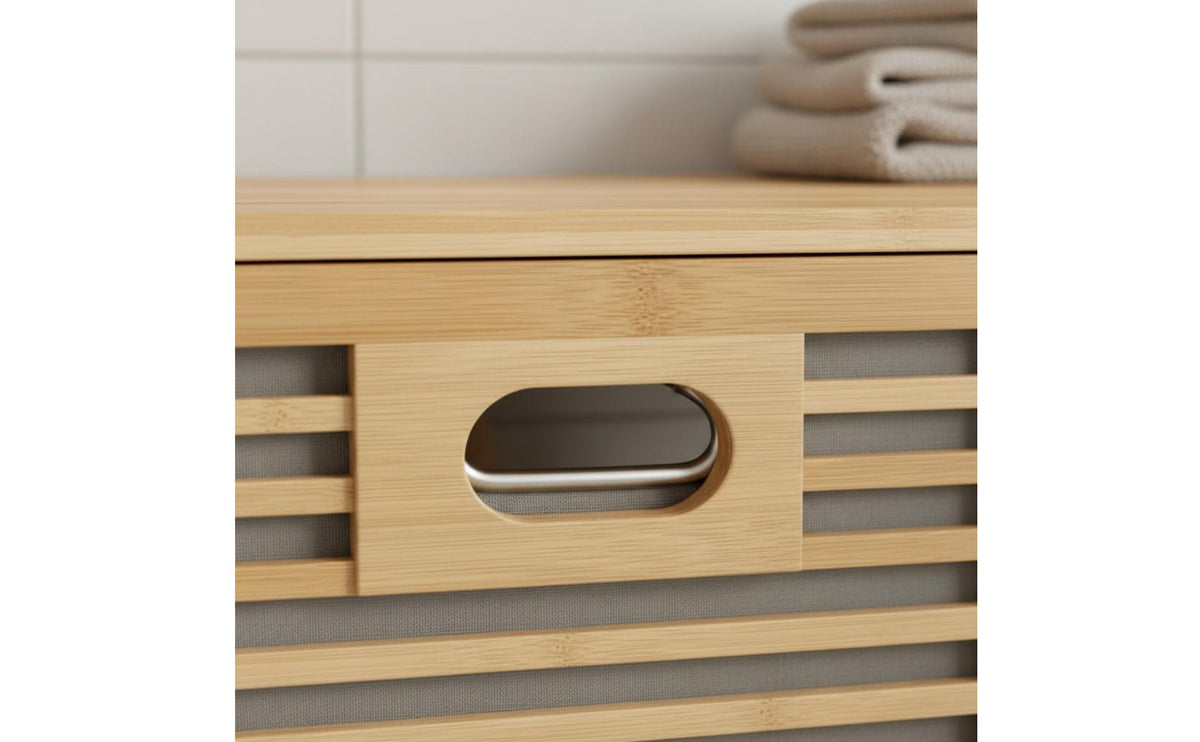 Multi-Functional Bamboo Laundry Hamper Cabinet Space Saving Double Hamper Cabinet with Shelf Removable Liners Tilt-out Laundry Sorter for Bathroom, Bedroom