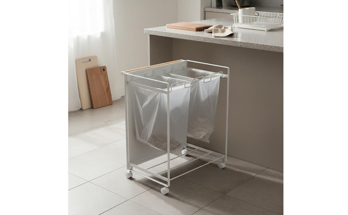 Mobile Kitchen Trash Rack With Wheels 3-Section Garbage Bag Holder Metal Frame Rolling Trash Sorter