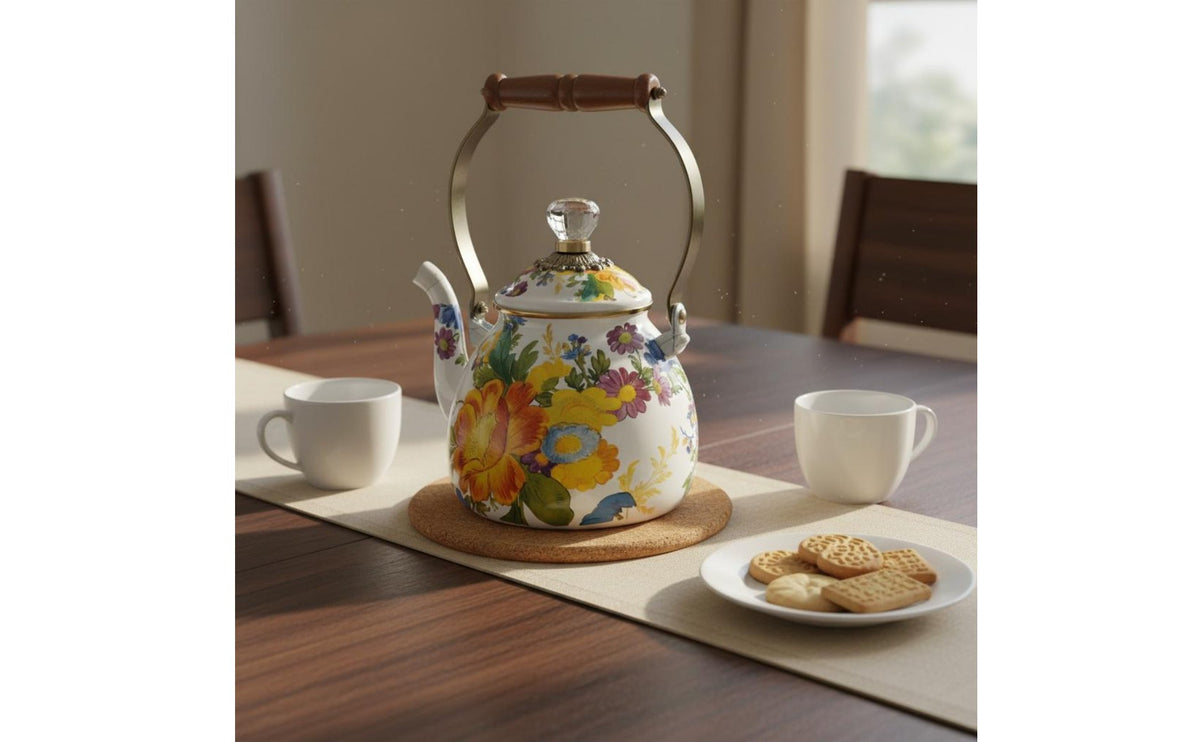 2.5 L Stovetop Tea Kettle Induction Cooker Compatible Floral Enamel Tea Kettle Decorative Stovetop Teapot Safe Material