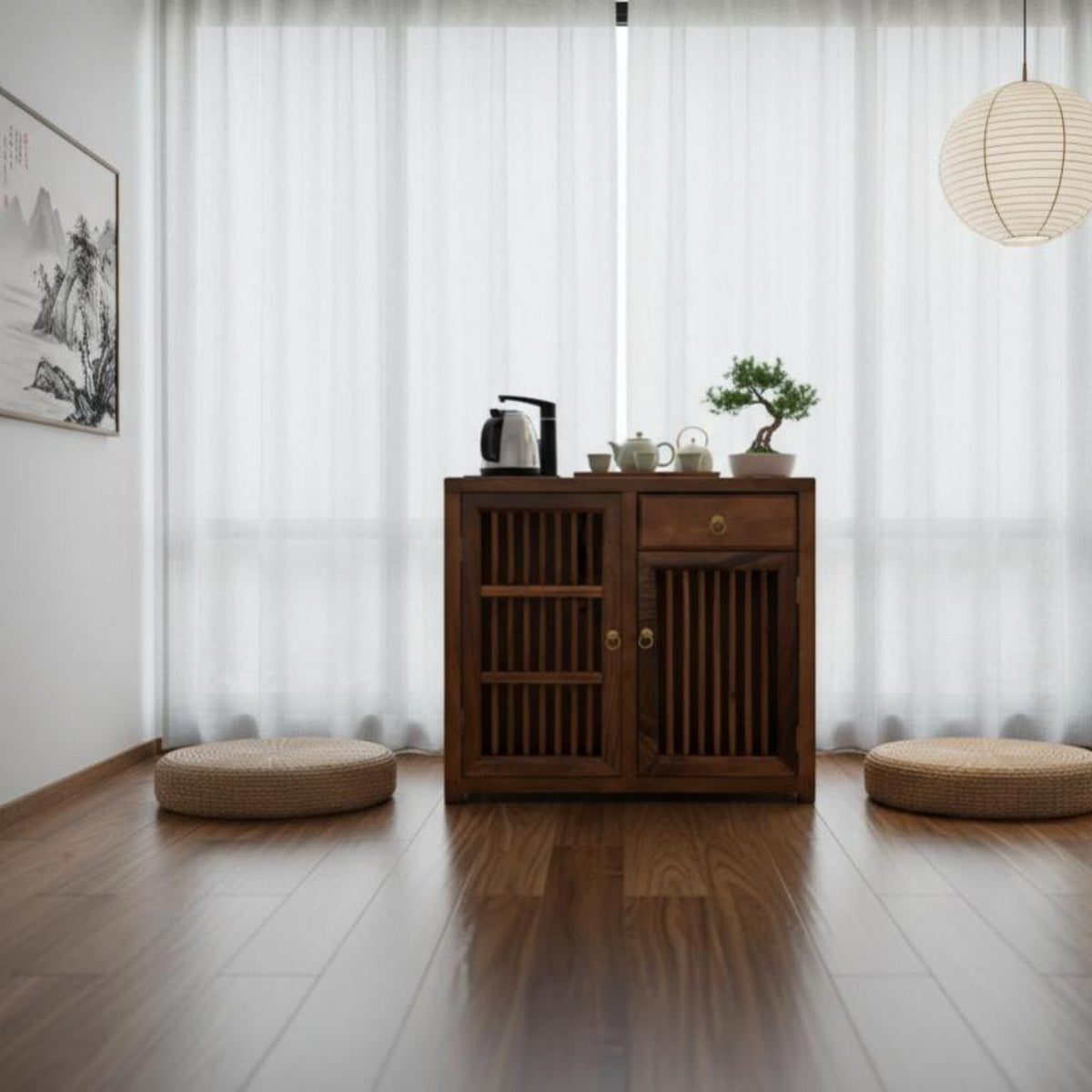Chinese Design Wooden Tea Brewing Cabinet Solid Wood Construction Living Room Furniture Multi-Functional Storage Center Table Space Saving for Homeowners, Apartment Dwellers, Families, Home Office