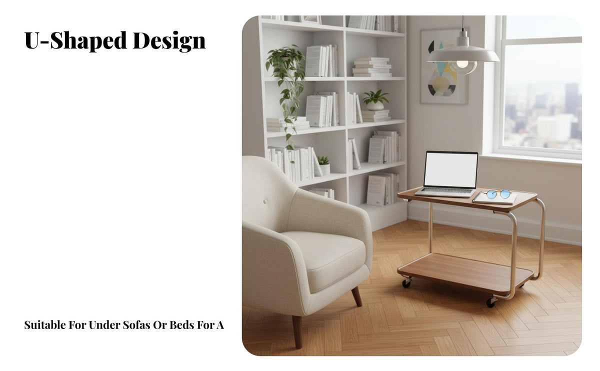 With Wheels C-Shaped Rolling Table Space-Saving Rolling C-Shaped Table Modern Design Household Furniture Extendable Surface for Apartment Dwellers, Students, Telecommute Workers, Living Room, Bedroom, Small Areas, Home Office