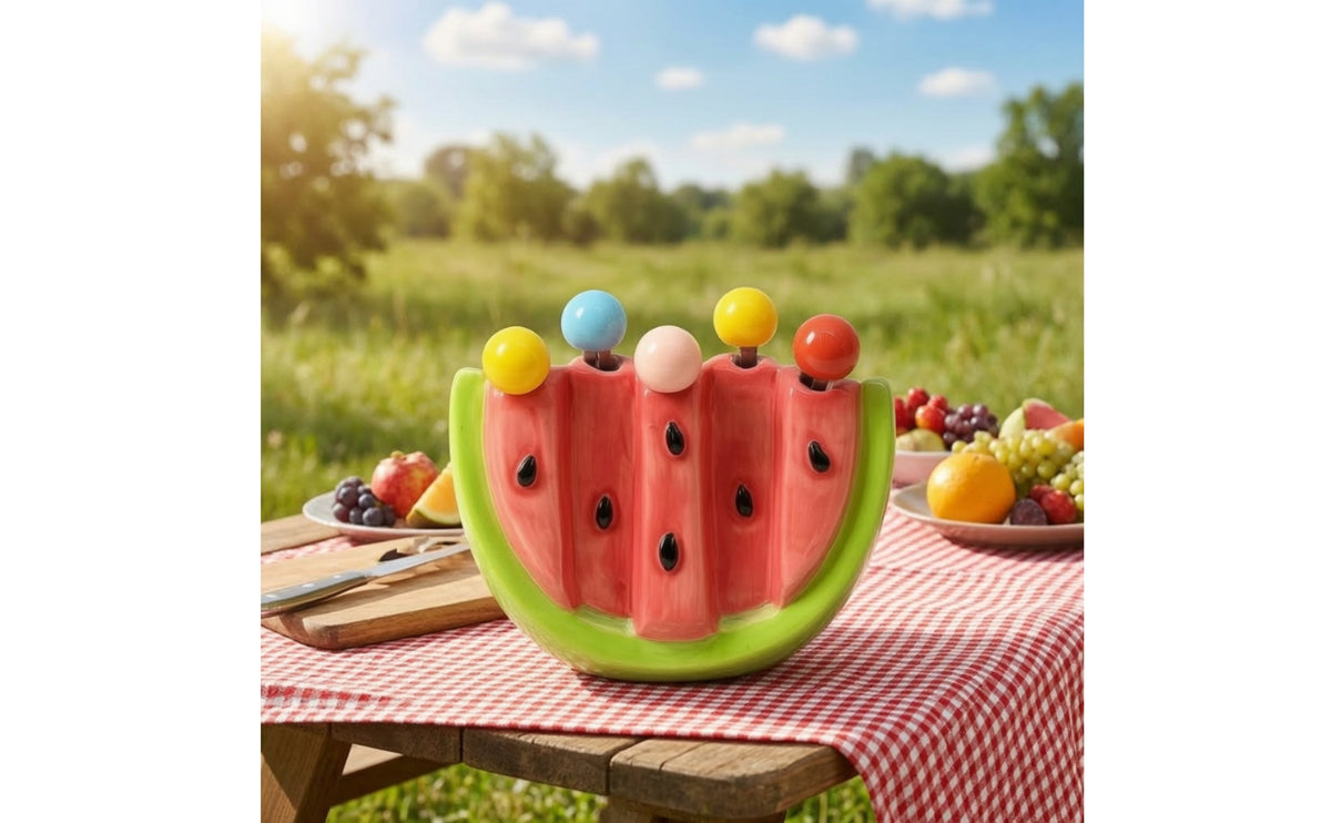 Watermelon-Shaped Fruit Fork Set with Ceramic Holder Cute Fork Set with Ceramic Holder Colorful Appetizer Picks Decorative for Afternoon Tea, Party