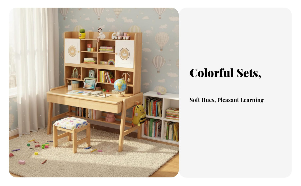 Kids Desk and Chair Set Sturdy Construction Solid Wood Student Desk Ergonomic Design Student Writing Table with Storage for Girls, Boys, Bedroom, Home