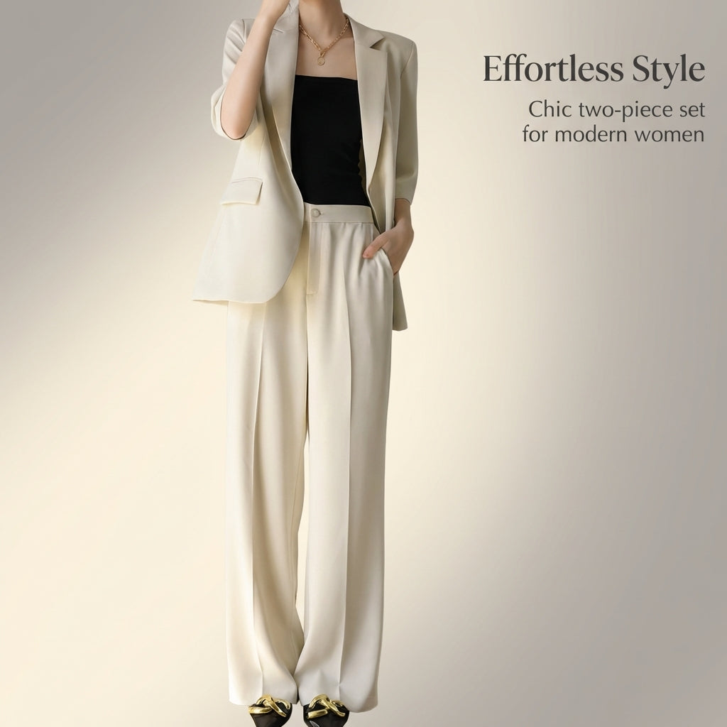 Women Trouser Suit Two Piece Set with Wide Leg Trousers for Office Wear, Long Sleeve Polyester Business Casual Outfit, Plus Size Available