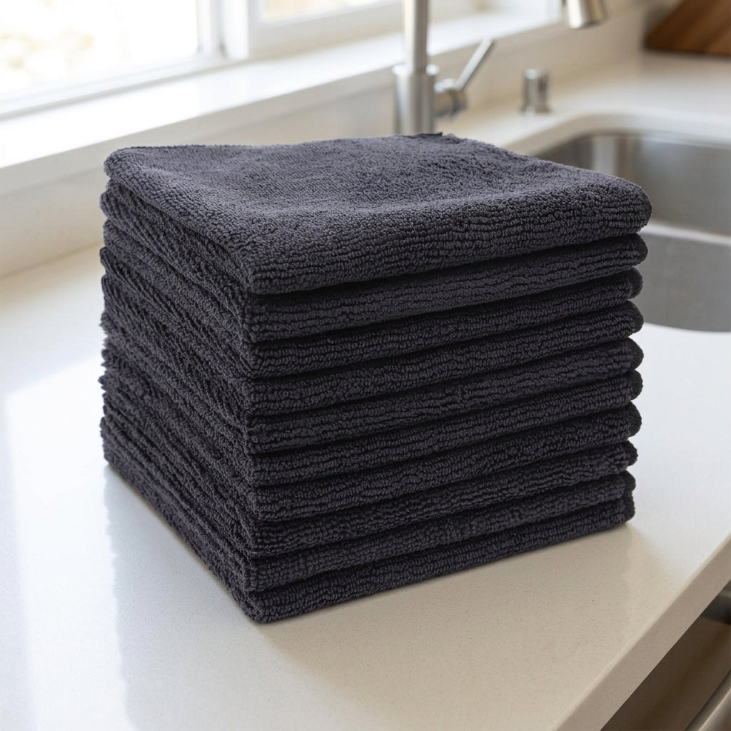 Black 25cm Microfibre Cloth and Cleaning Cloths, Super Absorbent Cloth for Kitchen and Car, Reusable Low-Lint Microfiber with Locked Edges