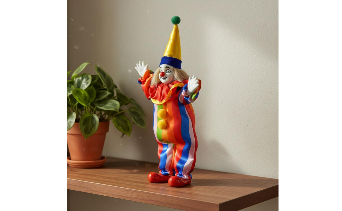 Classic Porcelain Clown Doll Unique Gift Idea Collectible Ceramic Clown Doll Adjustable Posing Handmade Fool Figurine for Shelf Display, Living Room