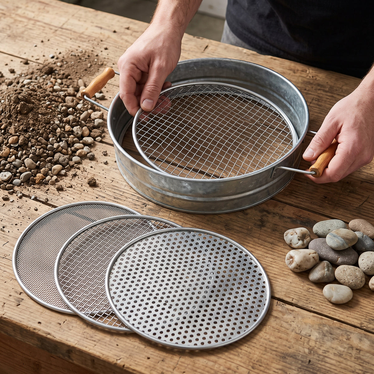 Garden Soil Sieve with Wooden Handle and Interchangeable Mesh Screens for Gardening, Agriculture, and Sand Filtration