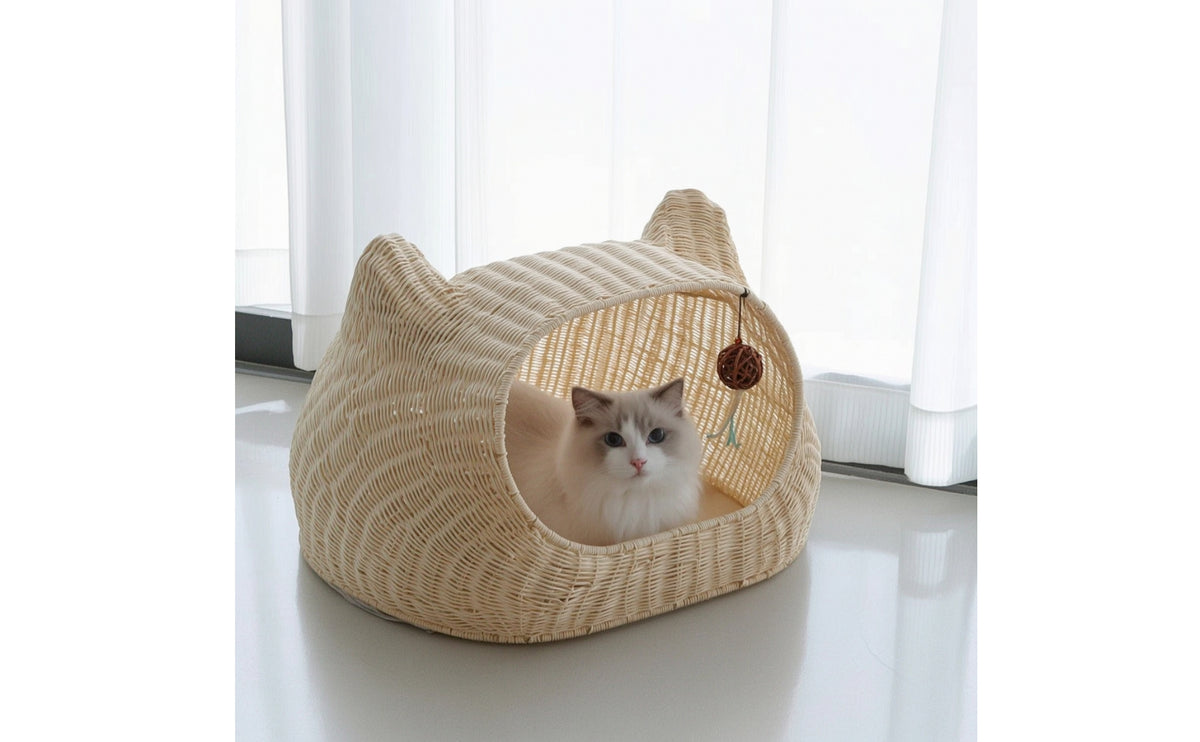 Handwoven Woven Cat Cave Enclosed Cat Bed with Toy Padded Pet Bed with Cushion Cotton Rope for Apartment