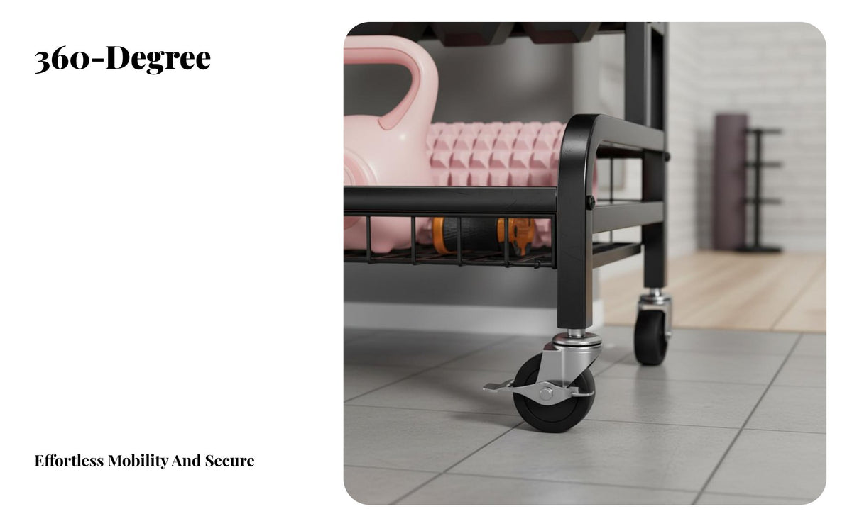 Space Saving Dumbbell and Exercise Mat Holder Large Capacity Home Gym Storage Rack Mobile with Lockable Wheels Multi-Tier Weight Stand Heavy Duty for Garage