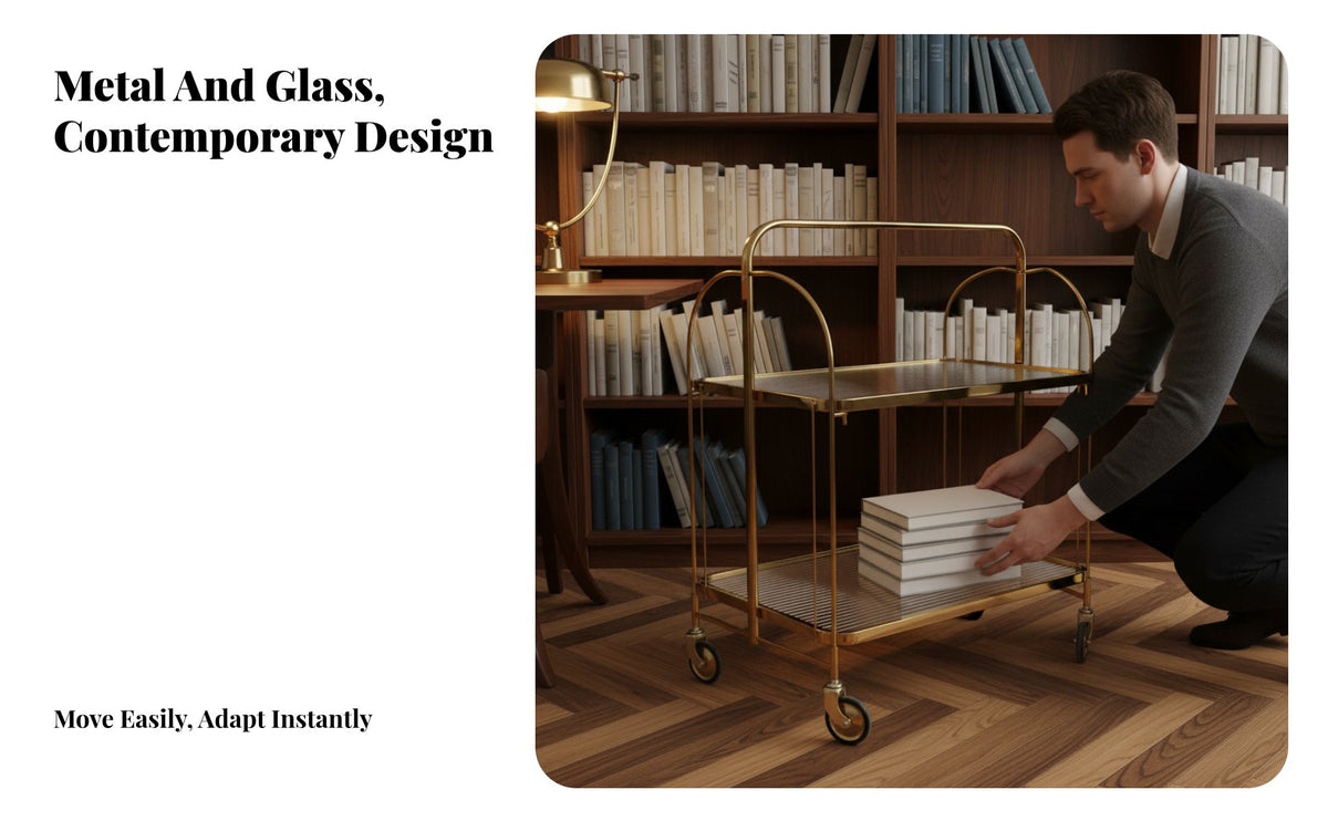 Space Saving Foldable Bar Cart Multi-Functional Glass Shelf Utility Trolley Modern Design Fluted Glass Serving Trolley Lockable Casters for Entertainers, Apartment Dwellers, Homeowners
