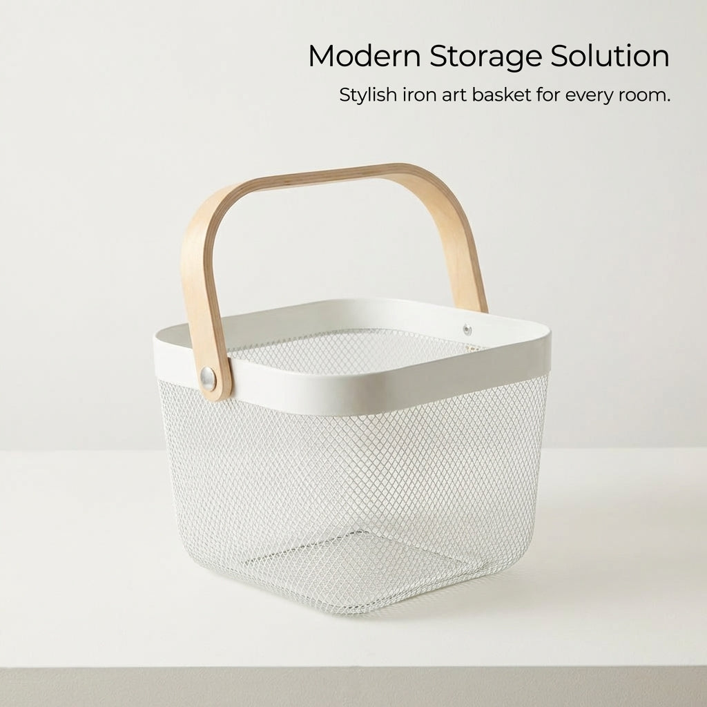 Kitchen Storage Basket with Wooden Handle, Modern Iron Organizer Tote, Metal Organizer Bins for Kitchen, Decorative Wire Baskets with Handle