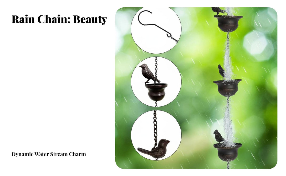 Bird Rain Chain Weather-Resistant Metal Rain Chain with Cups Elegant Design Outdoor Decoration for Garden Enthusiasts, Patio, House Eaves