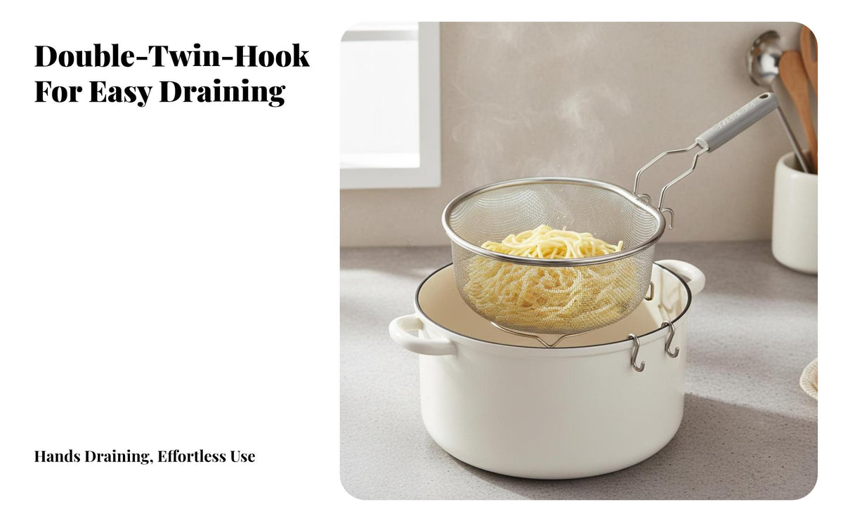 Pasta Boiling Basket High Temperature Resistant Pasta Strainer Basket Mesh Food Colander Pot-Hanging Hangers for Restaurant