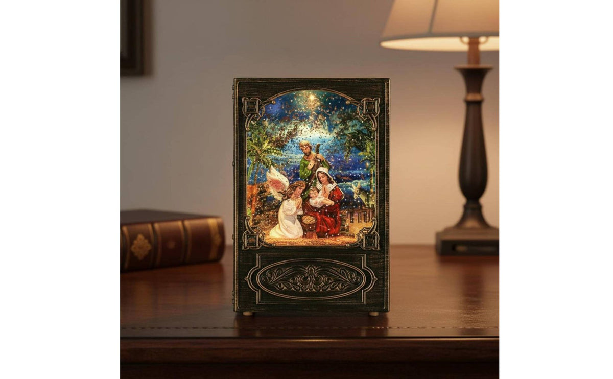 Snowing Effect Christmas Book Melody Box Festive Gift Christmas Church Melody Box Light up Angel Sparkling Globe for Tabletop, Shelf Display