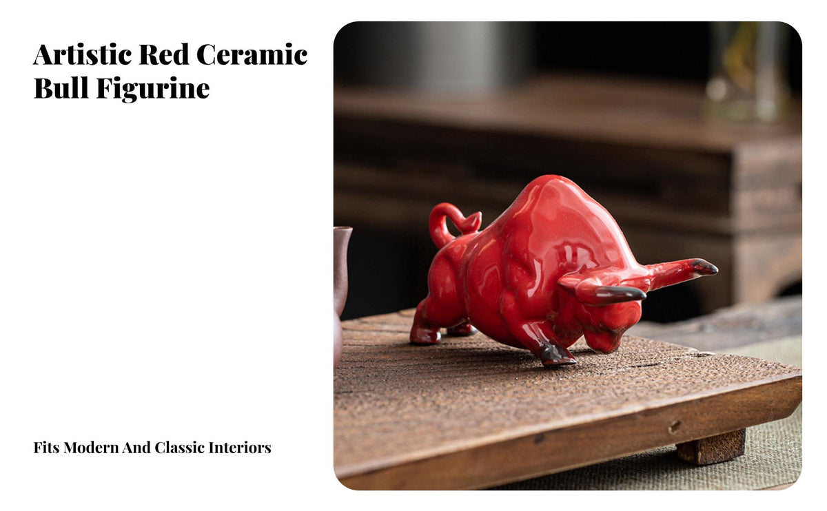 Fiery Ox Figurine Glossy Glaze Ceramic Bull Statue Handmade Craft Ceramic Ox Statue for Business Owners, Gift Donors, Living Room, Bookshelf, Entryway