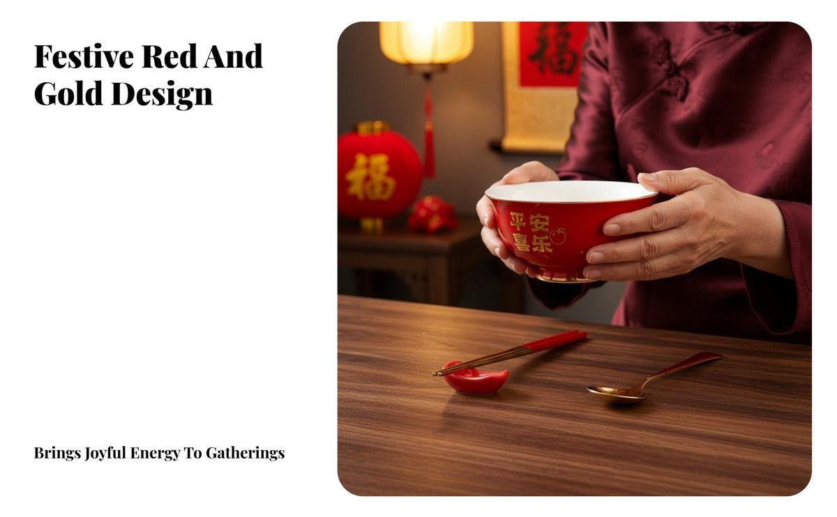 Blessing Ceramic Bowl Set, Red Bowl with Chopsticks & Spoon, Kids Birthday Gift, Festive Tableware