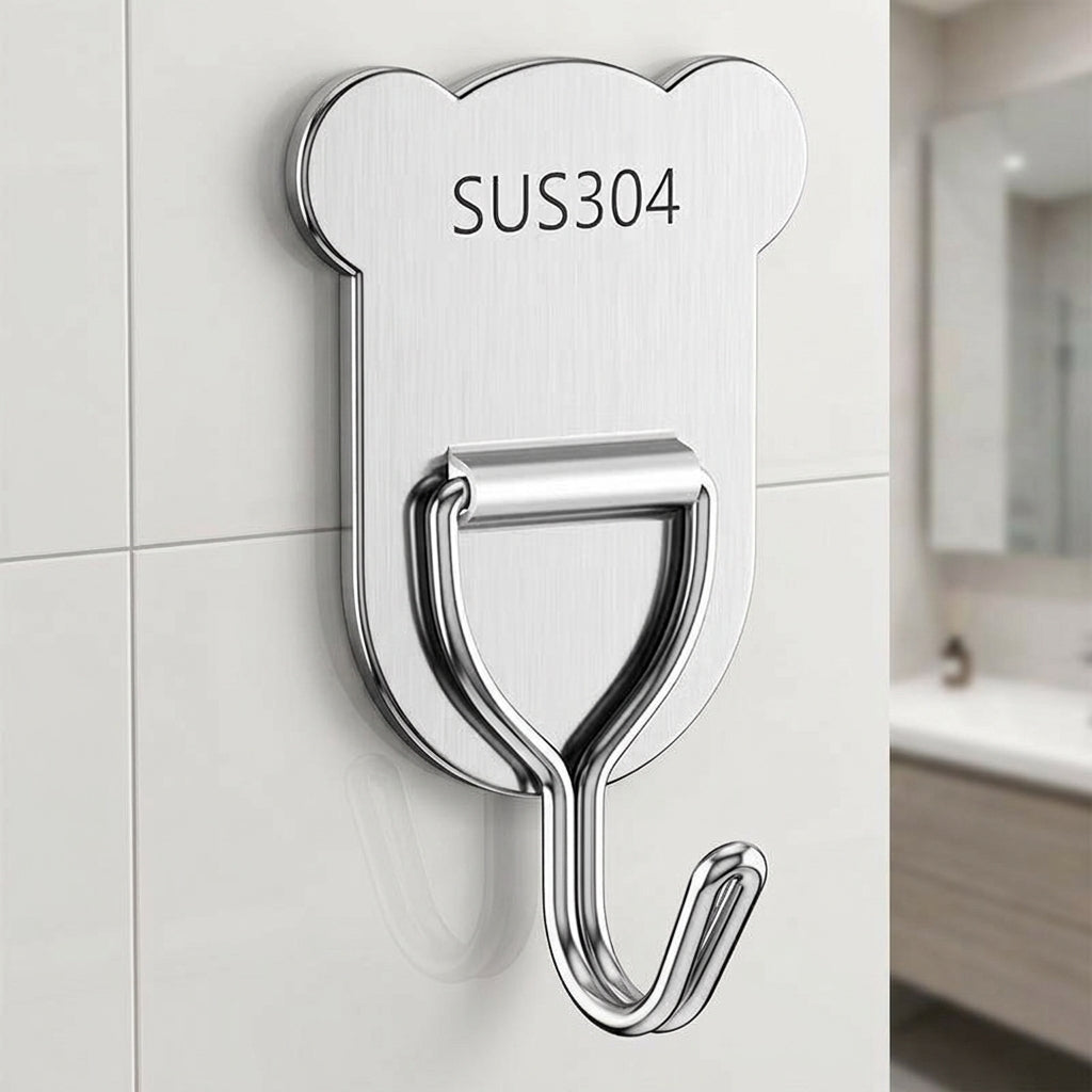 Wall Hooks, Brushed Silver Stainless Steel Towel Hook, Heavy Duty 3kg No Drill Hooks for Kitchen Bathroom, Automatic Traceless