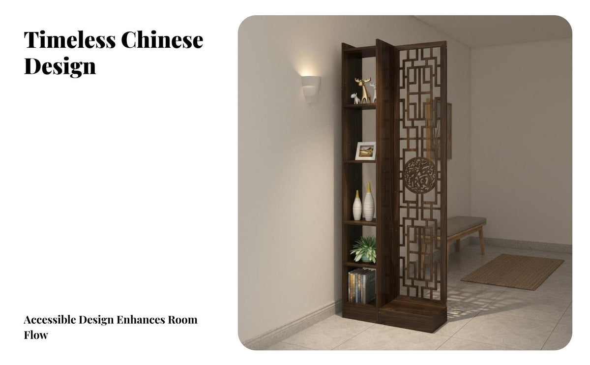 Chinese Design Entryway Cabinet Double-Sided Wooden Partition Screen with Shelves Solid Wood Entryway Divider Cabinet for Adults, Office Workers