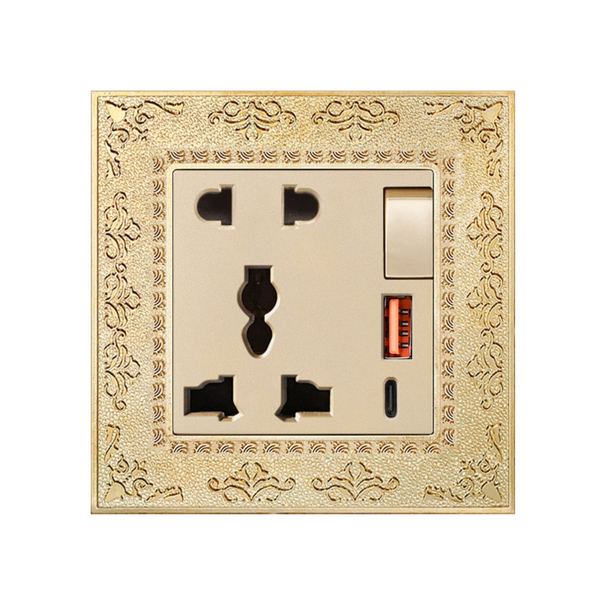 Antique Gold Decorative Outlet Panel Ornate Retro Socket Plate Vintage Embossed Wall Plate Metal for Interior Designers, Homeowners, Living Room, Bedroom, Hotel