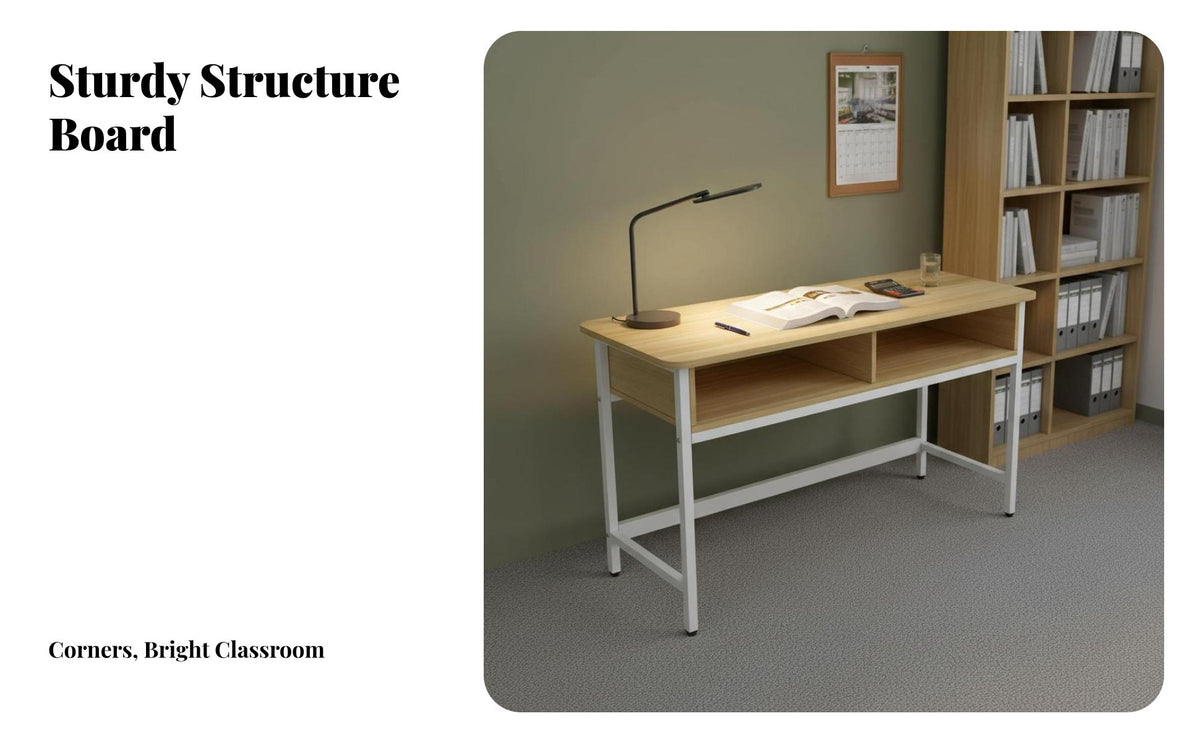 Double Student Desk and Stool Set Wide Desktop Training Class Desk Set Easy to Clean 2 Person Study Table with Storage for Students, Children, Bedroom