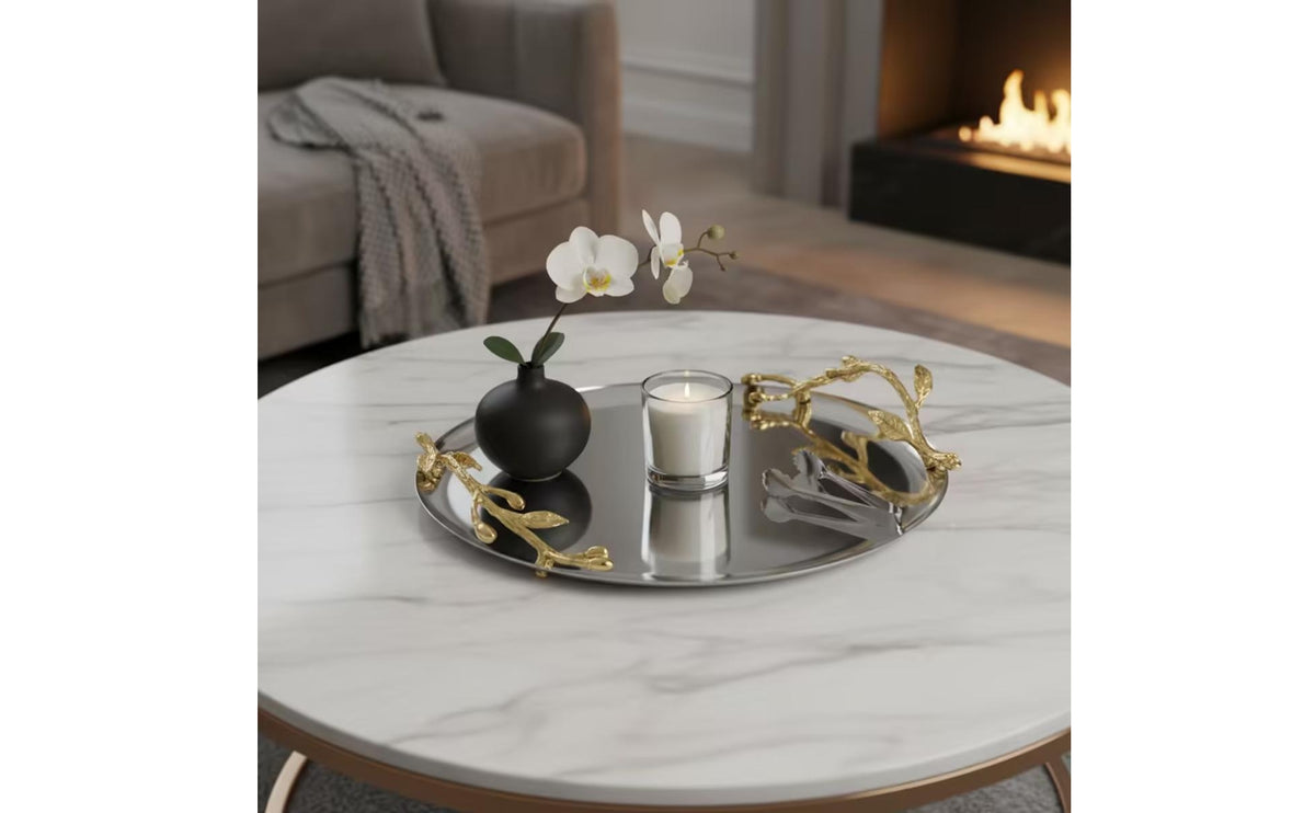 Stainless Steel Tray with Gilded Branch Accents Shallow Mirrored Metal Tray Metal Serving Platter for Homeowners, Entryway, Coffee Table