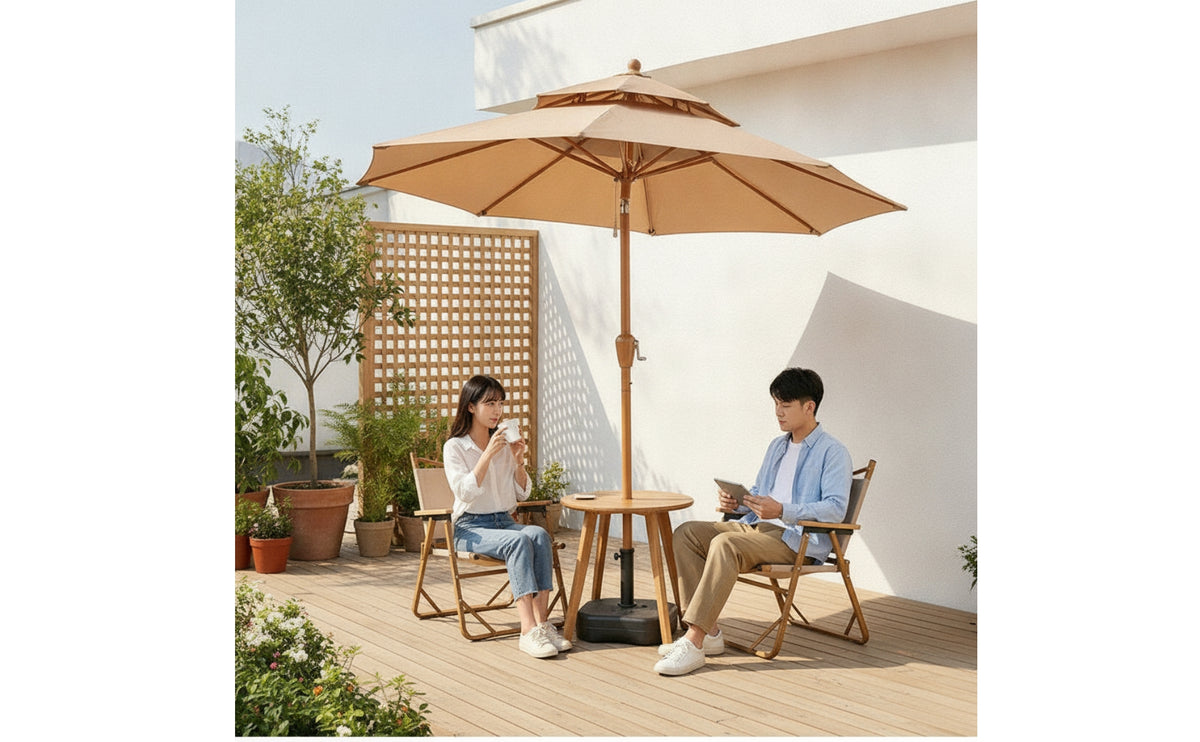 Patio Umbrella with Base UPF 50+ Two-Tiered Top Patio Umbrella Wood Look for Cafes, Backyard, Balcony, Camping
