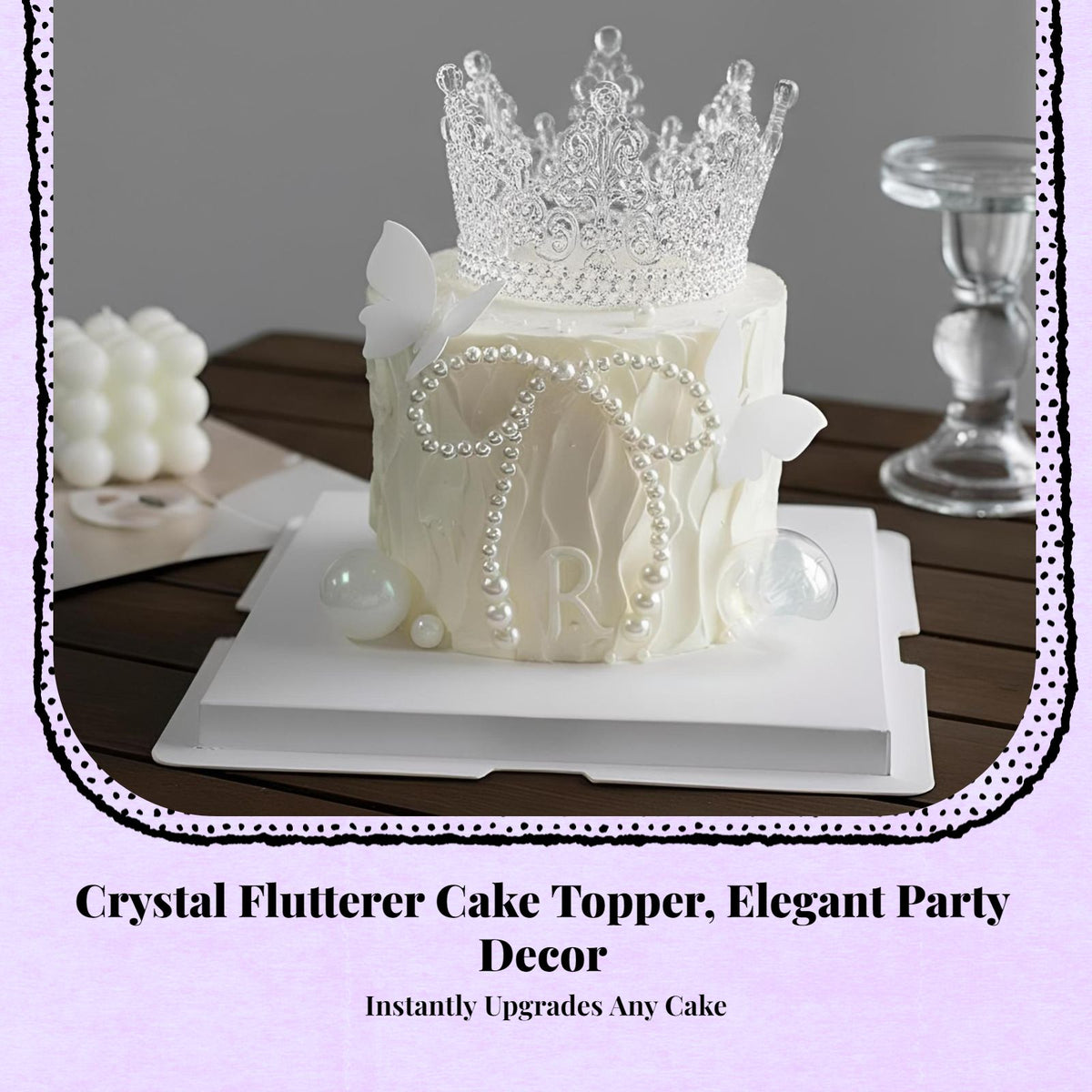Glitter Tiara Cake Topper, Bead Ribbon Decoration, Reusable