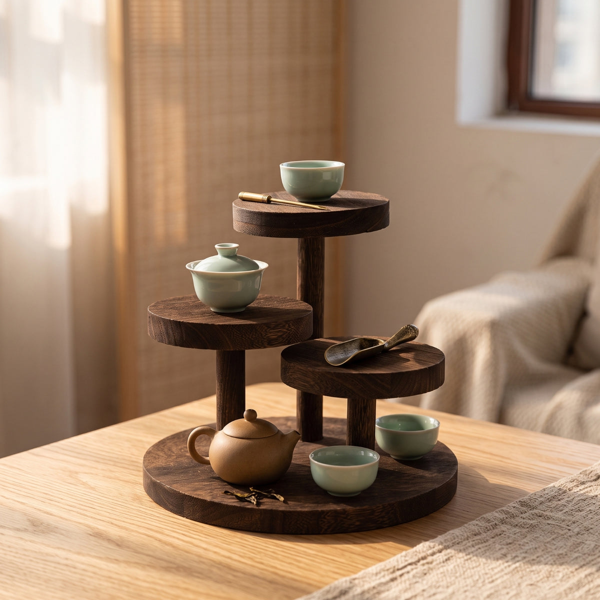 Wooden Tiered Display Stand Round Wooden Display Riser Stand Compact for Office Desk