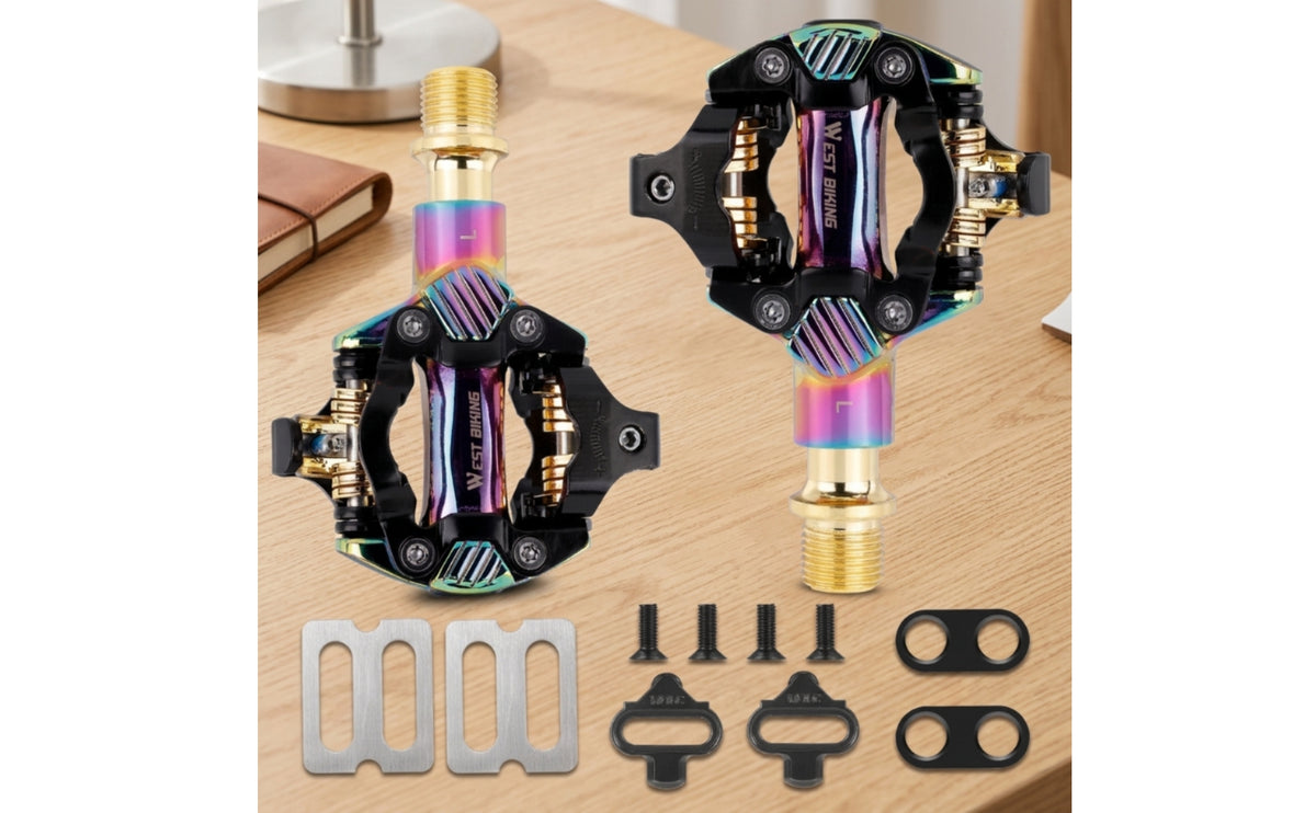 Clipless Pedals with Cleats Sealed Bearing Clipless Pedals Aluminum Alloy Iridescent for Mountain Bikers, Trail Riding