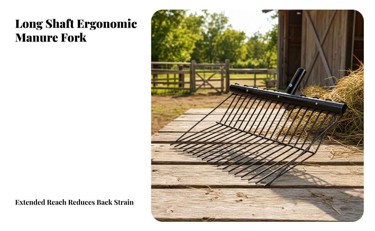 Black Metal Head Manure Fork Slatted Tines Grass Fork Angled Frame Pitchfork with Handle Heavy Duty