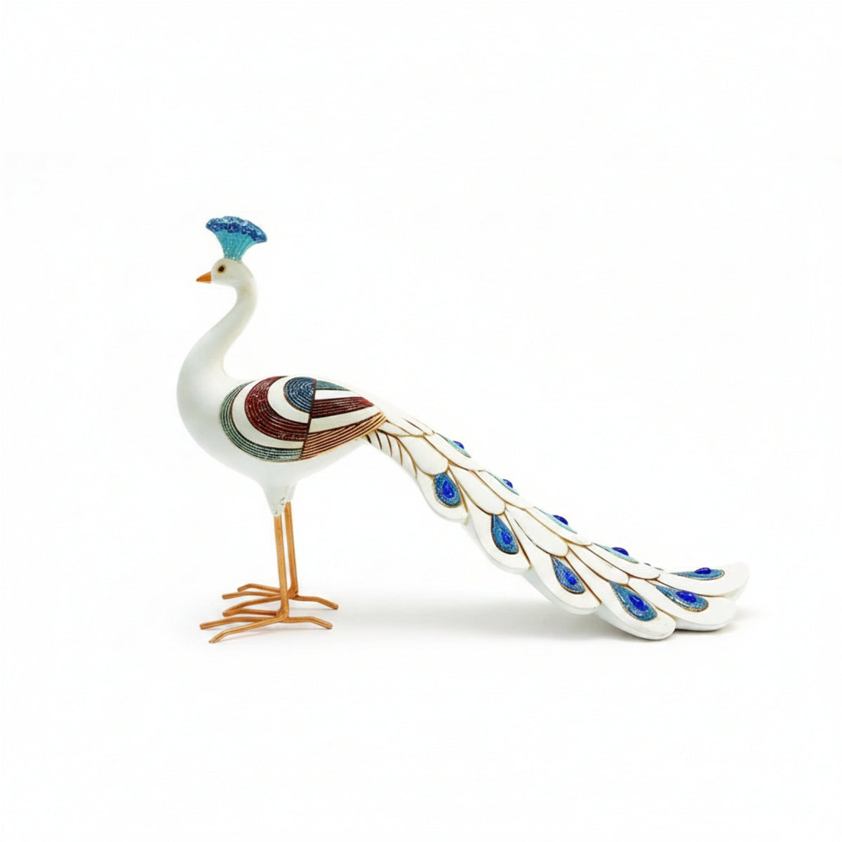 Layered Feathers Peacock Figurine Fan Tail Decorative Peacock Statue White Body Orange Legs for Tabletop Display