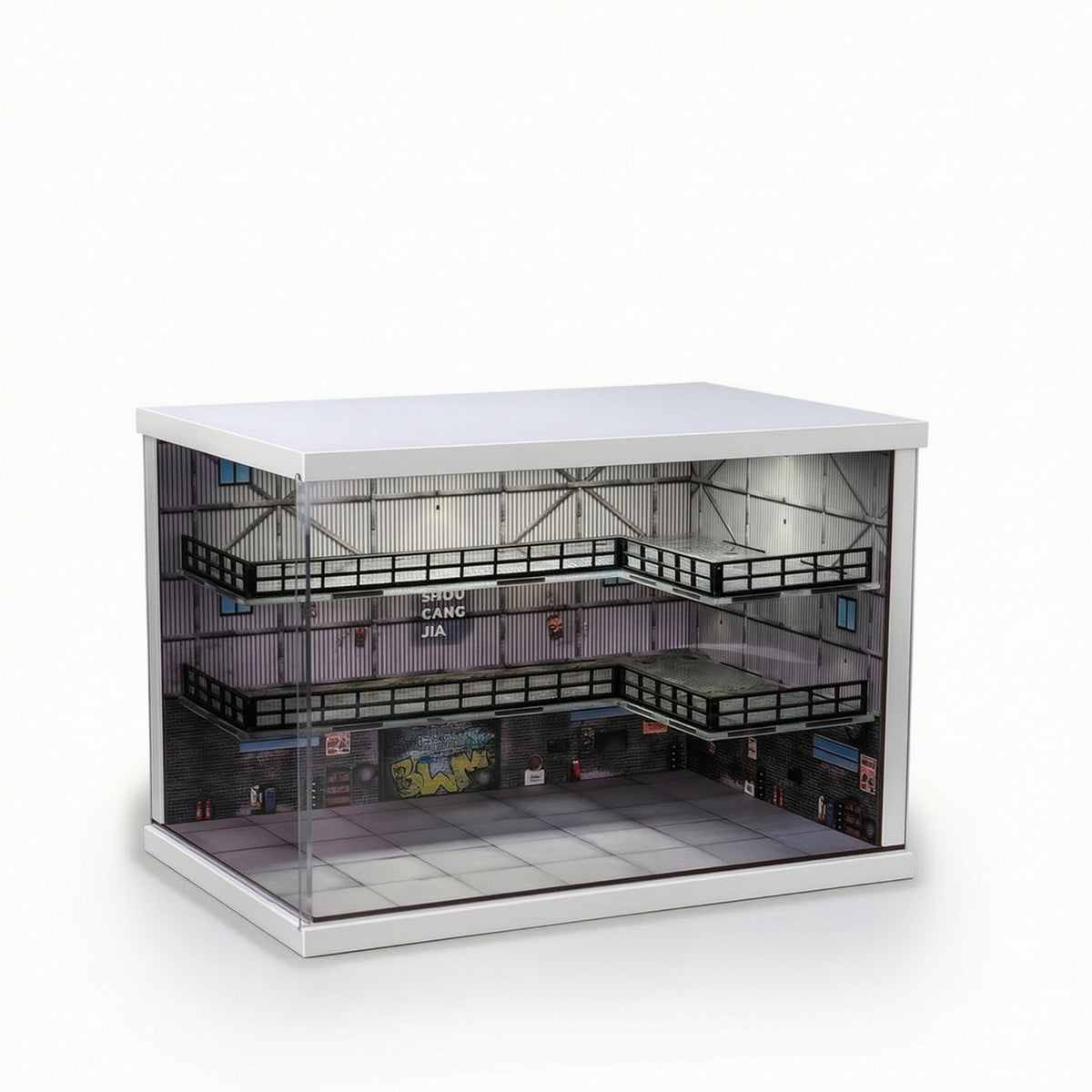 Industrial Style Warehouse Display Case Desktop Display Cabinet with Dust Cover 3-Tier Miniature Scene Clear for Tabletop, Room Decor