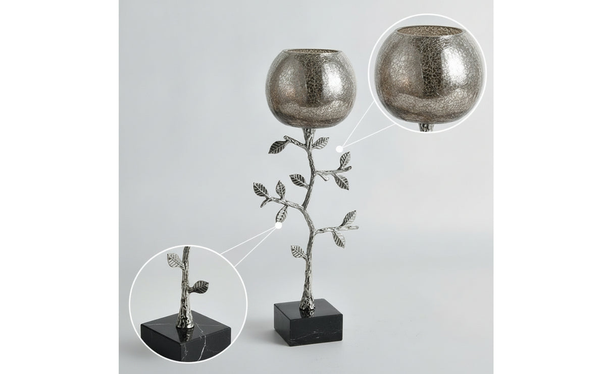 Candle Holder with Marble Base Silver-Toned Sculptural Candle Holder Textured Glass Candlestick for Dining Table, Sideboard