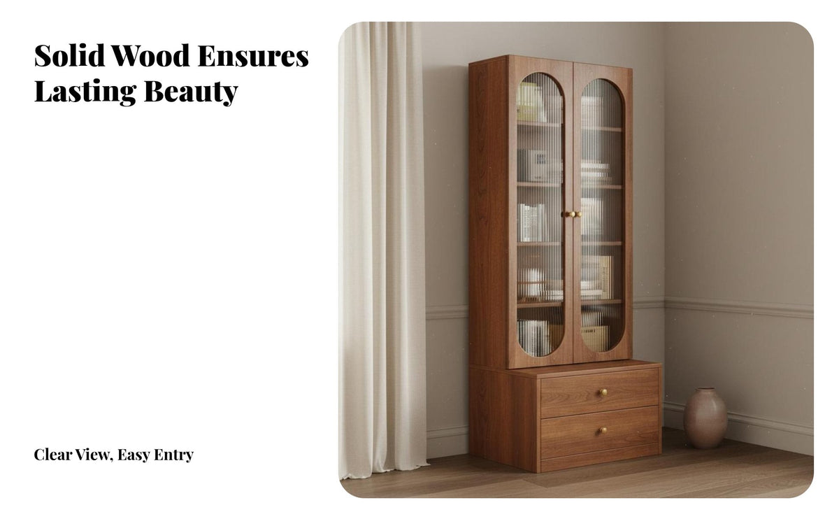 Solid Wood Core Wooden Bookcase with Glass Doors Large Capacity Bookcase with Glass Doors Multi-Functional Design Freestanding Display Cabinet Long-Lasting and Sturdy for Book Lovers, Collectors, Interior Decorators, Study, Home Office, Bedroom