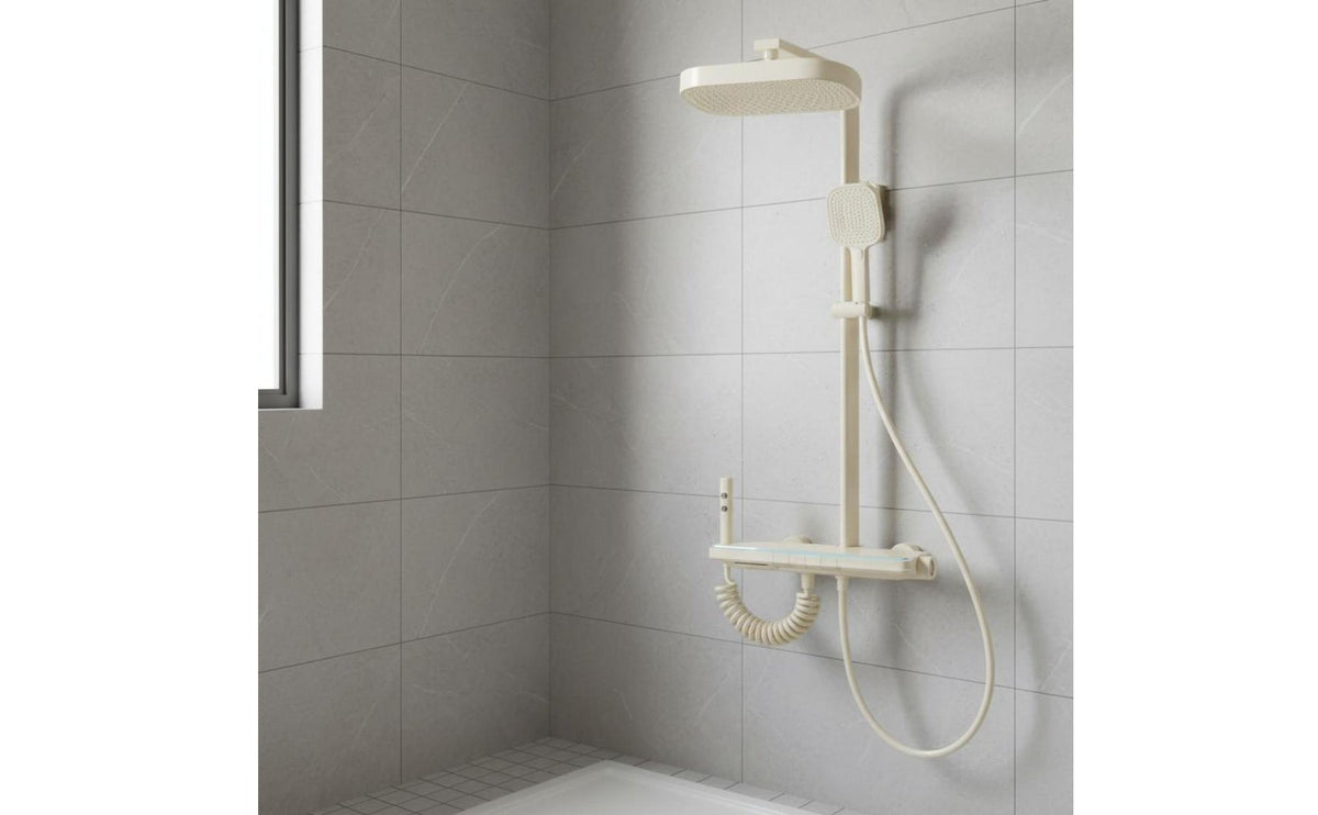 LED Ambient Light Thermostatic Shower System Solid Copper Core Digital Display Shower Set Waterfall Tub Spout Bathroom Fixture Integrated Storage Shelf
