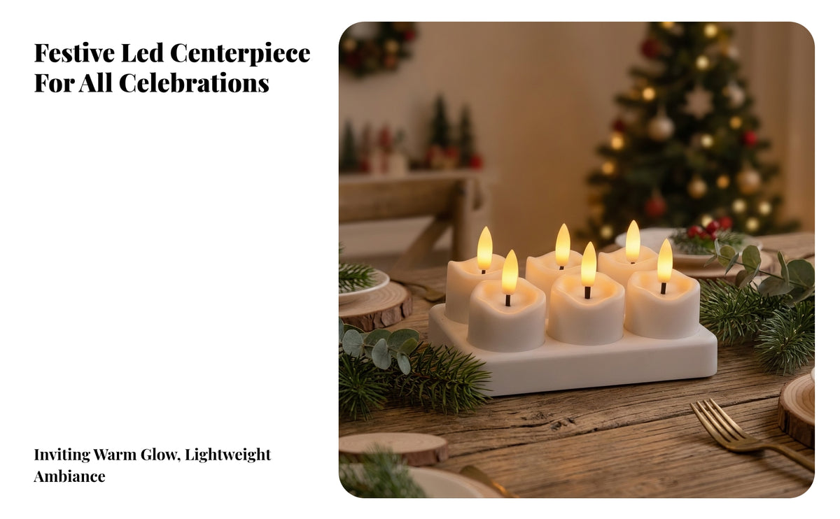 6 Pieces Rechargeable LED Candle Set | Flameless Ambient Glow, Glossy White Finish, LED Candle with Charging Base, for Dinner Settings