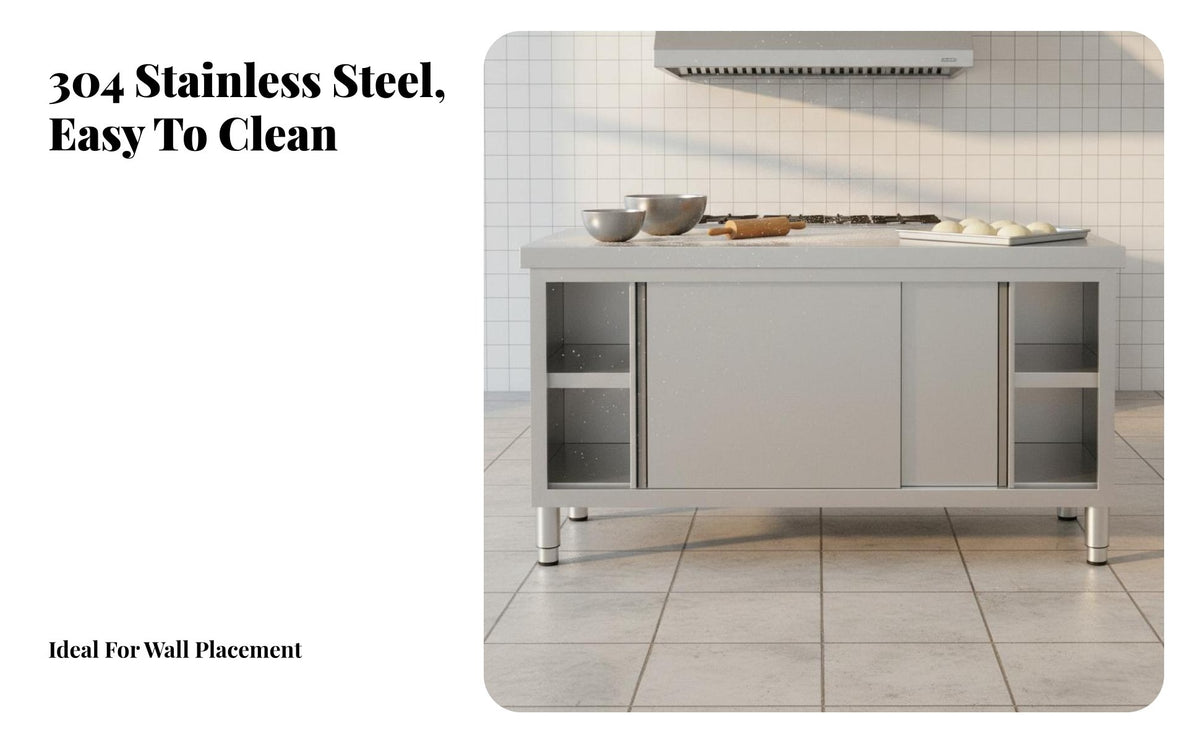 Easy to Clean Stainless Steel Work Table Rust Resistant Kitchen Prep Table with Cabinet Heavy Duty Commercial Kitchen Workbench Adjustable Feet for Restaurant Owners, Home Cooks, Bakery, Cafeteria, Warehouse, Workshop