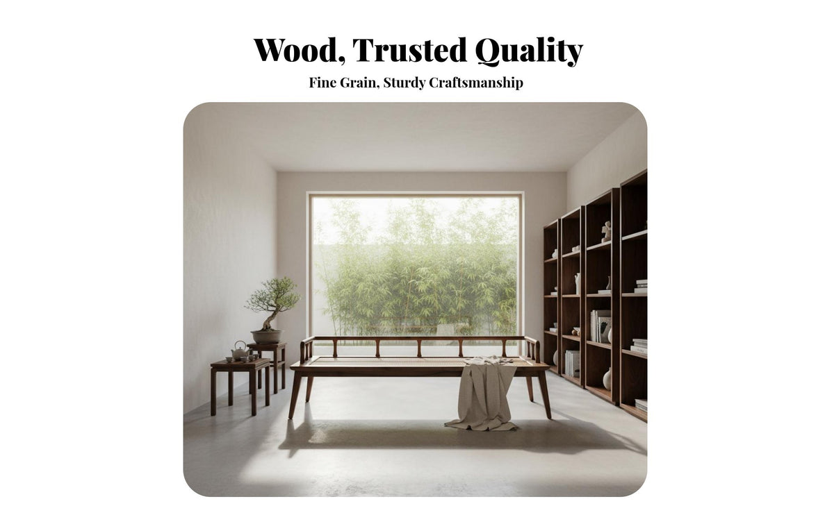 Black Walnut Wood Daybed Woven Rattan Seat Modern Arhat Bed Chinese Design Daybed for Design Enthusiasts, Adults, Bedroom, Reading Corner