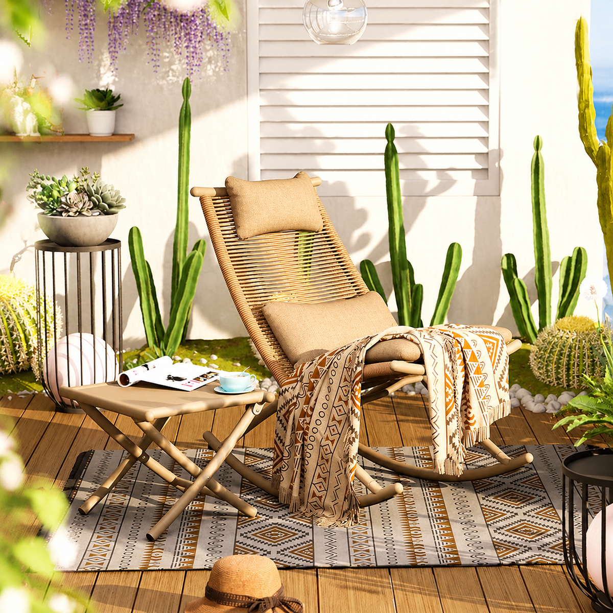 Metal Rocking Chair with Cushion & Pillow, Outdoor Patio Balcony Garden Chair, Weatherproof Rocking Lounge Chair with Side Table