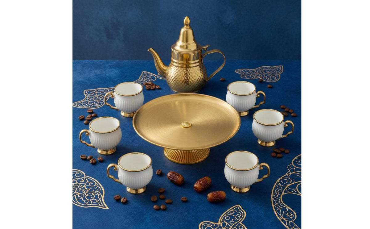 Gold Trim Stainless Steel Teapot Set Decorative Ceramic Tea Cup Set