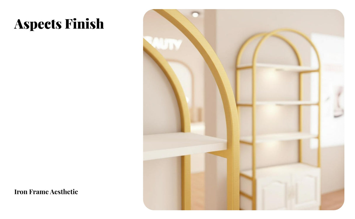 Multi-Functional 5-Tier Arched Bookshelf Freestanding Design Arched Etagere with Cabinet Space-Saving Display Rack Sturdy and Stable for Salon Owners, Office Workers, Retail Shop, Study Room, Small Areas, Bedroom