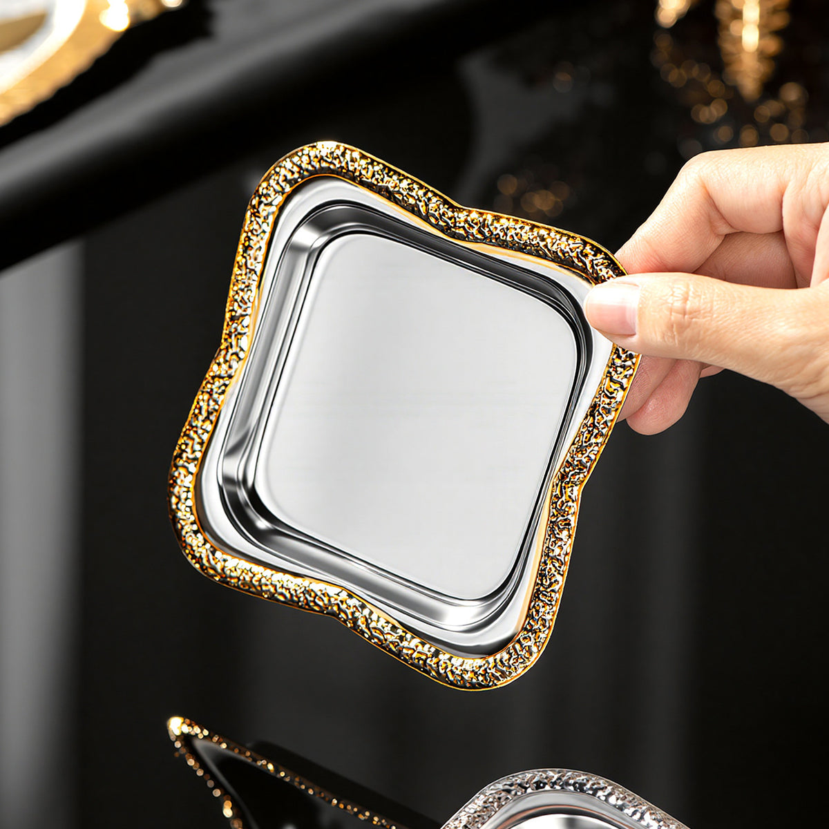 Decorative Metal Tray with Lace Edge, Square, for Snacks or Jewelry