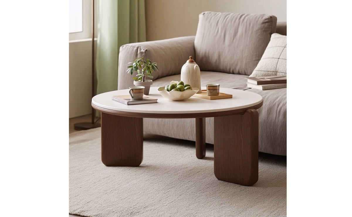 Round Coffee Table Modern Coffee Table with Slab Surface Minimalist Furniture for Living Room, Small Areas