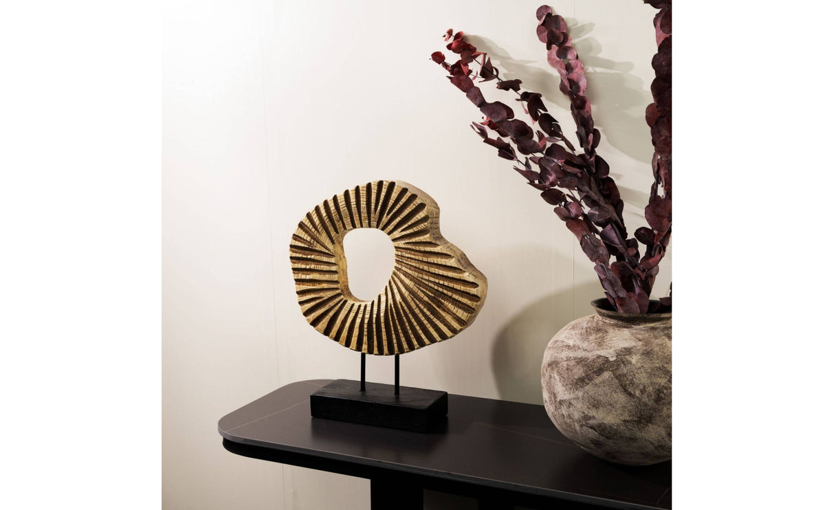 Resin Circular Form Sculpture Wood-Look Abstract Sculpture with Base Carved Statue with Ebony Base for Art Collectors, Living Room, Entryway Console