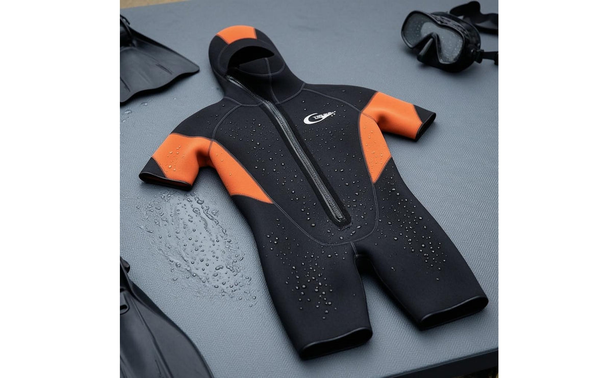5 Mm Hooded Wetsuit Stretch Short Sleeve Wetsuit Stitched Seams Water Sports Gear Orange Panels for Diving, Surfing, Snorkeling